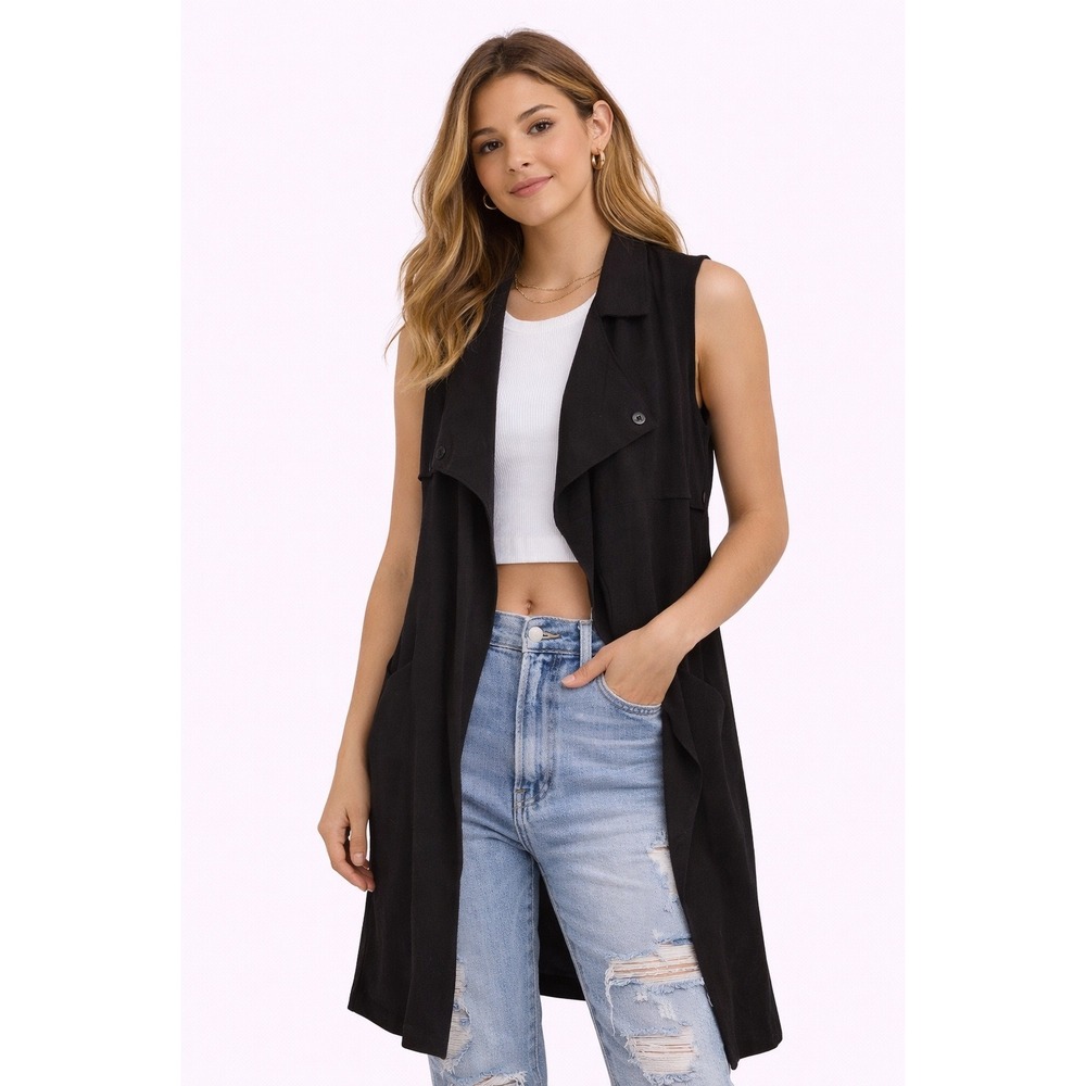 BE COOL Sleeveless Trench Vest Womens Size Medium Black Longline Open Front Chic